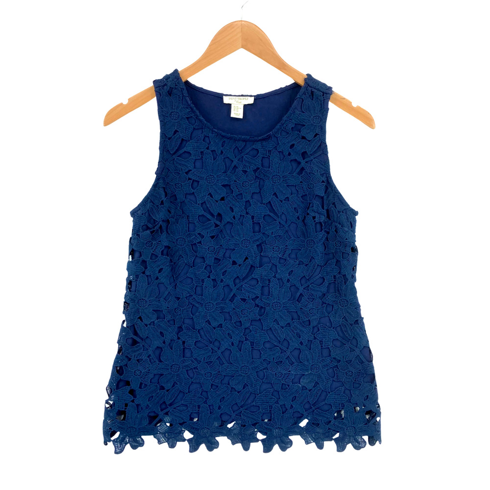 Saint Tropez West Women Navy Floral Lace Sleeveless Blouse Top Size XS Classic